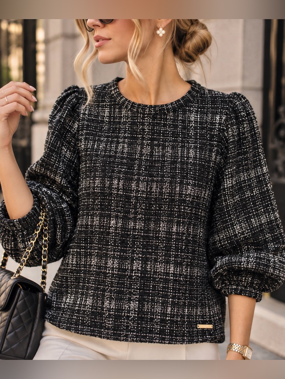 Anne Klein Black & White Tweed Puff-Sleeve Top